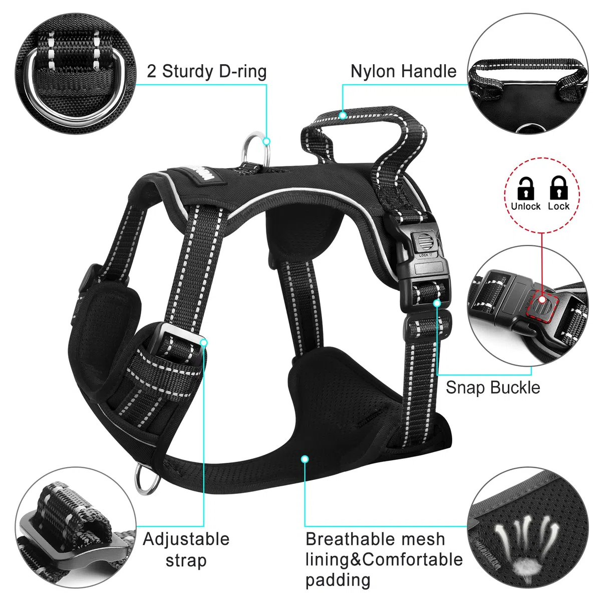 WINSEE Arnés para perro sin tirones, arnés para mascotas con collar de perro, chaleco reflectante ajustable Oxford para exteriores, clips de correa delantera/trasera para perros pequeños, medianos,