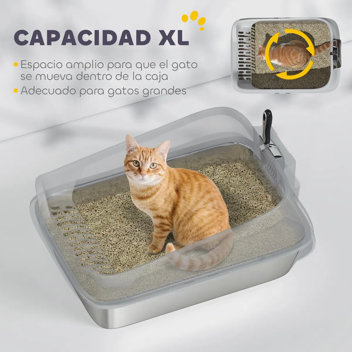 PawHut Arenero para Gatos de Acero Inoxidable XL, 60,2x40,2x29,7 cm, Gris | Caja de Arena para Gatos, Arenero con Borde Alto, Pala Metálica, Fácil de Limpiar, Prueba de Fugas
