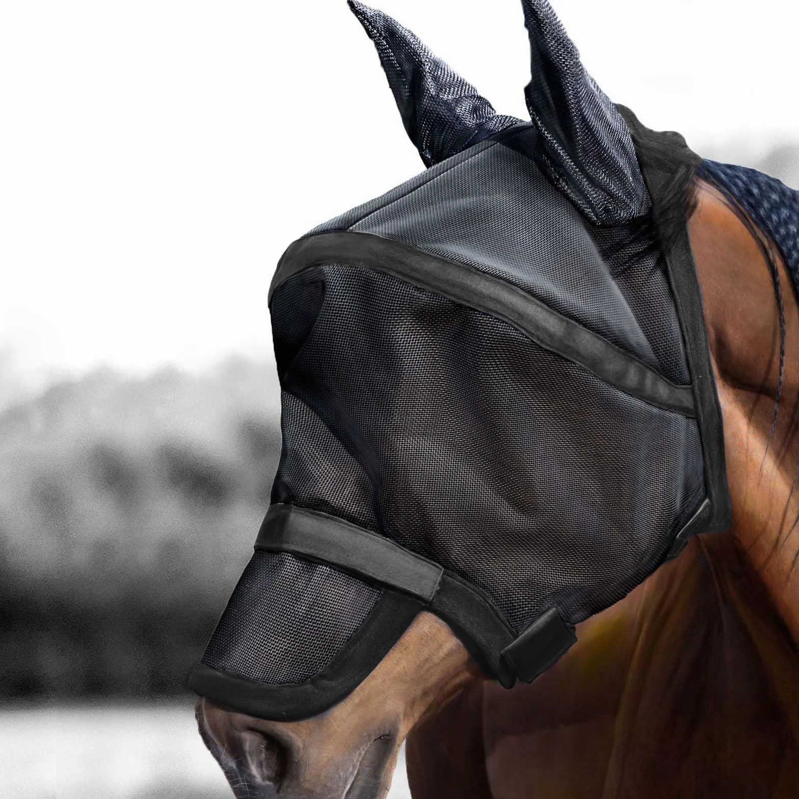 Harrison Howard Maskology Supreme - Máscara de Mosca de Caballo con protección UV Estelar con Cubierta de Nariz Desmontable, máscara 2 en 1, Color Negro, tamaño Completo
