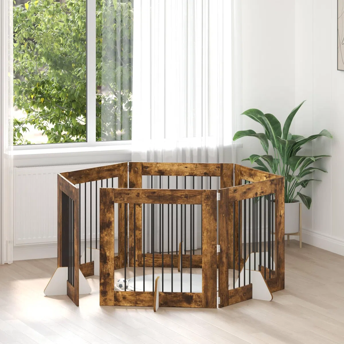 Puerta para perros con soporte de madera de roble ahumado, 6 piezas, 80 x 80 cm, plegable, para interior, protección segura para cachorros y perros en el salón