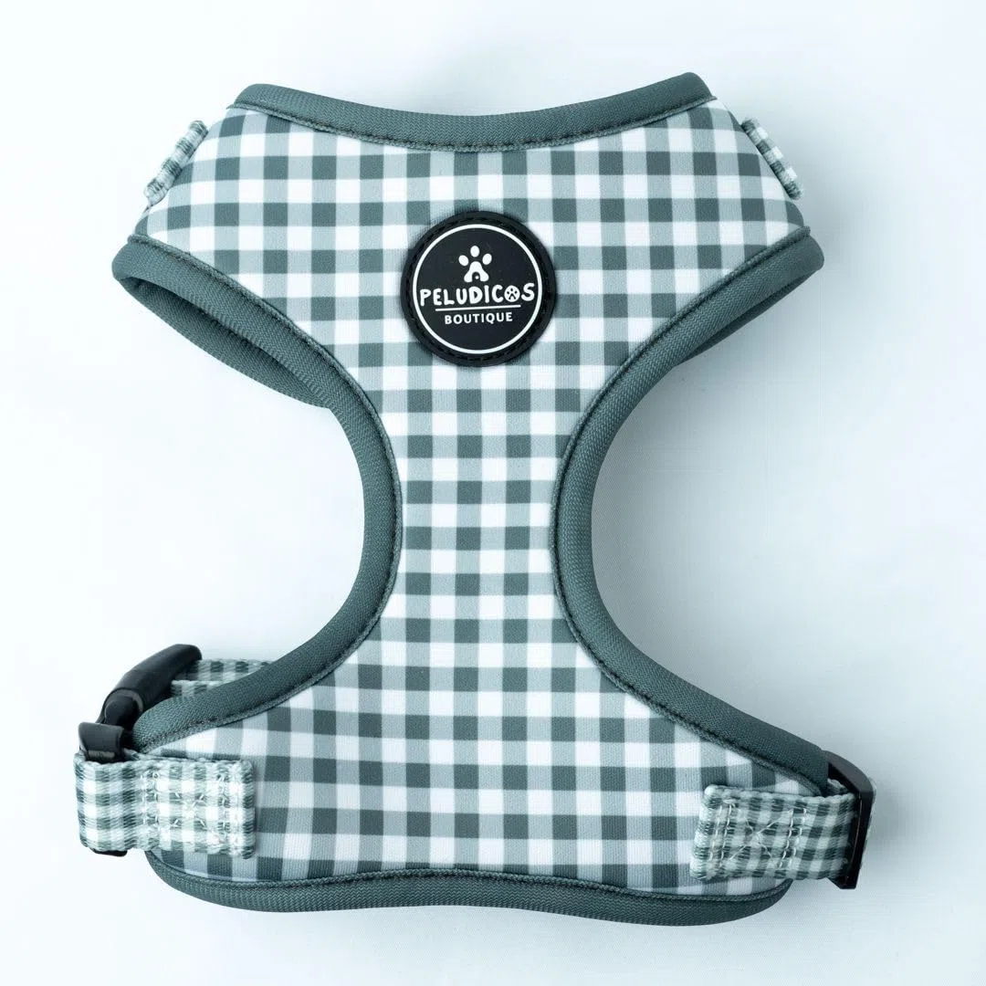 Pack Arnés,Correa y Portabolsas Caqui para Perro Ajustables de Neopreno – Diseño Vichy, Cómodos y Resistentes – 5 Tallas