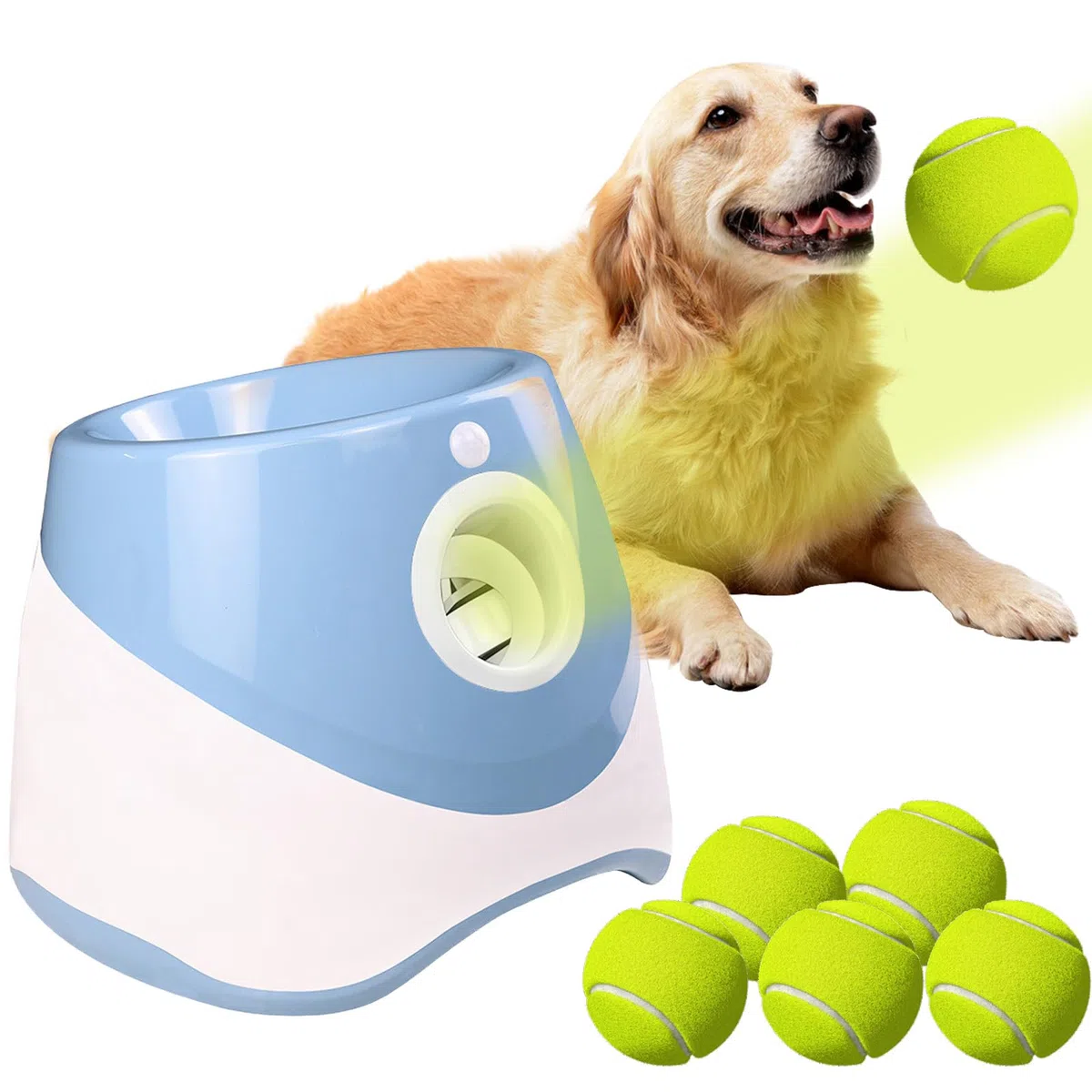 Lanzador de bolas para perros automático, lanza bola para perros con 6 bolas, distancia ajustable 3-9m, lanzador de bolas automático interactivo para perros, juguete de entrenamiento interior al aire