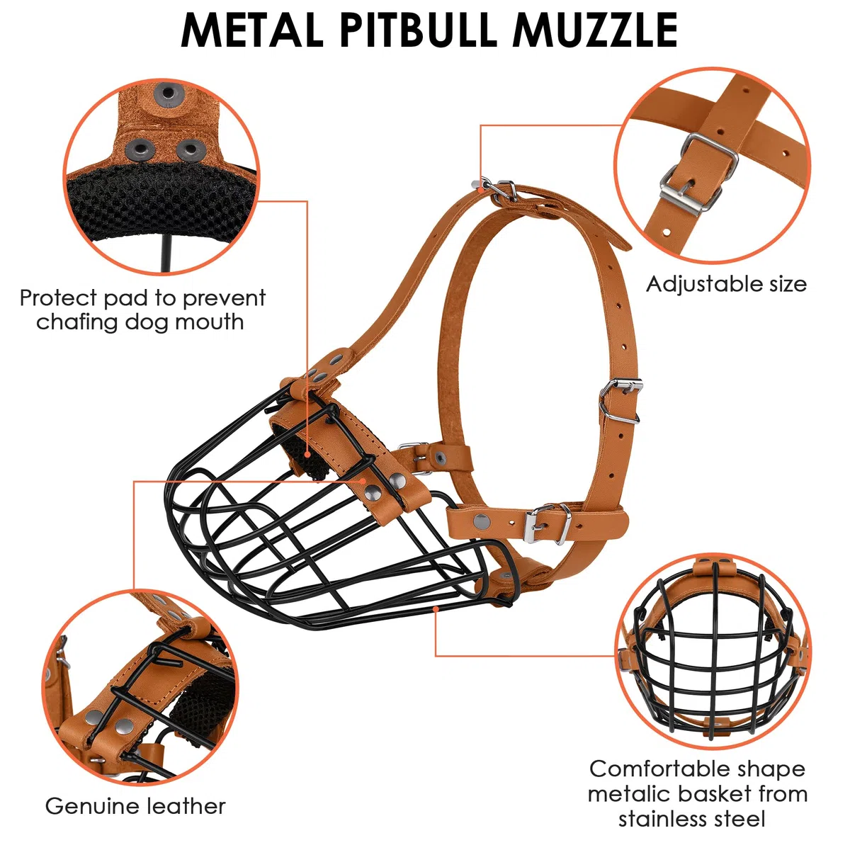 Pitbull - Bozal para perro, cesta de metal transpirable para perros grandes, máscara de alambre segura Amstaff Staffordshire Terrier, correas de cuero duraderas ajustables para morder, masticar