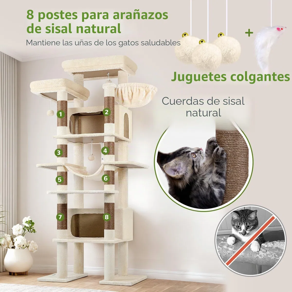 Globlazer Árbol Rascador para Gatos Beige Grandes XXL Alto 213 cm con 2 Grande Nidos 50*30*30CM, 2 Plataformas, Percha, Cesta, Lujo Estable Torre Gato Multinivel para Vario Gatos Adultos (F83B, Beige)