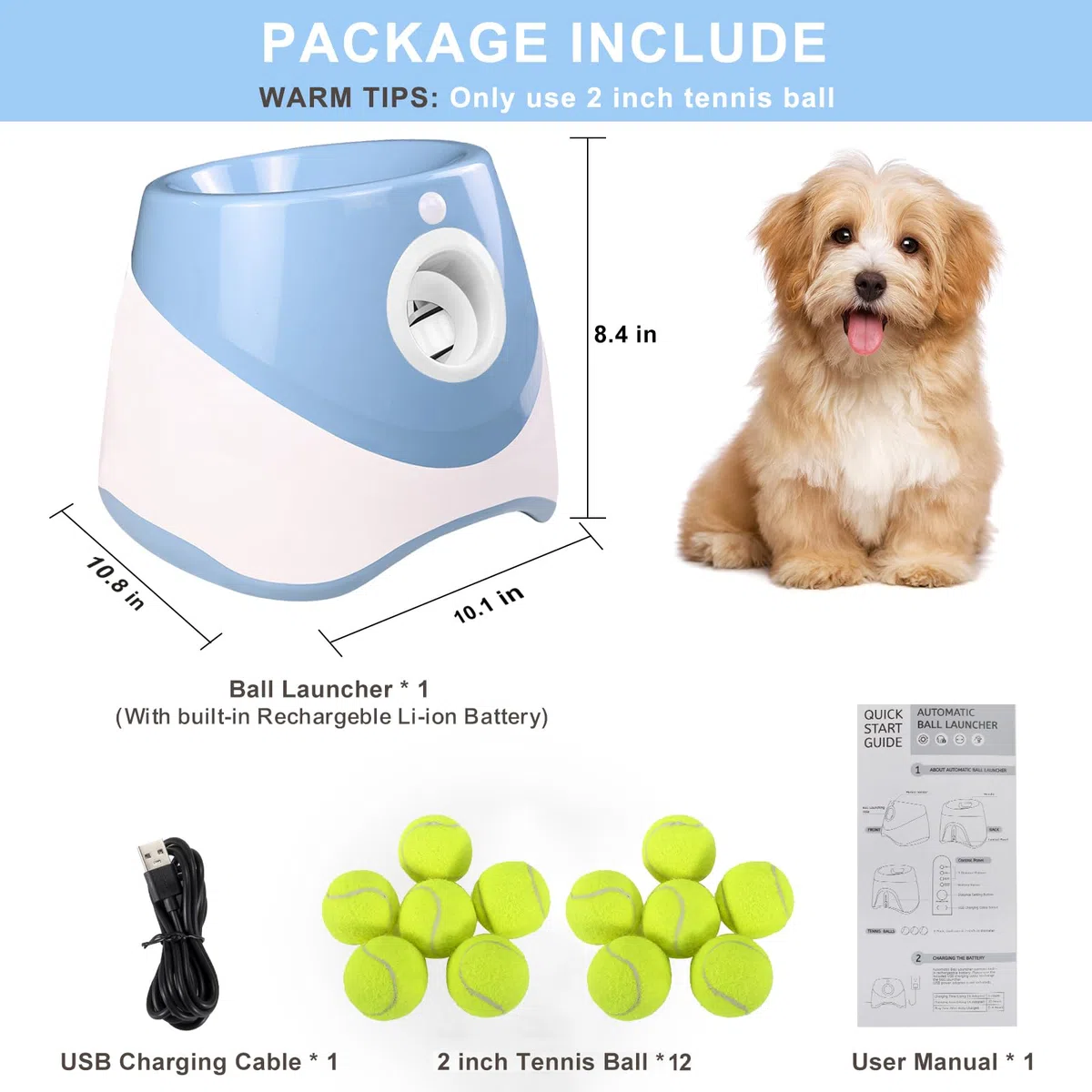 Lanzador de pelotas para perros con 12 pelotas de tenis, lanzador automático de pelotas de perro para interiores y exteriores, 3 distancias ajustables de 10 a 30 pies, máquina interactiva de