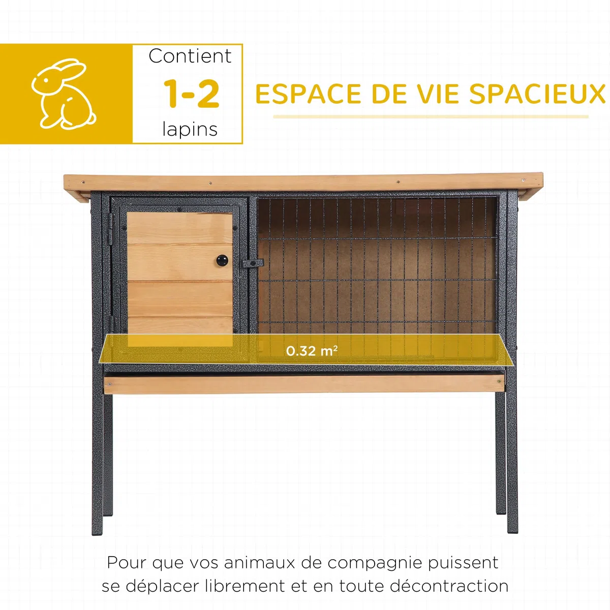 PawHut Jaula para Conejos de Madera sobre Pies, Conejera exterior para roedores, conejillos de Indias con Techo Trabajable - Dom. 91,5 x 45 x 70 cm