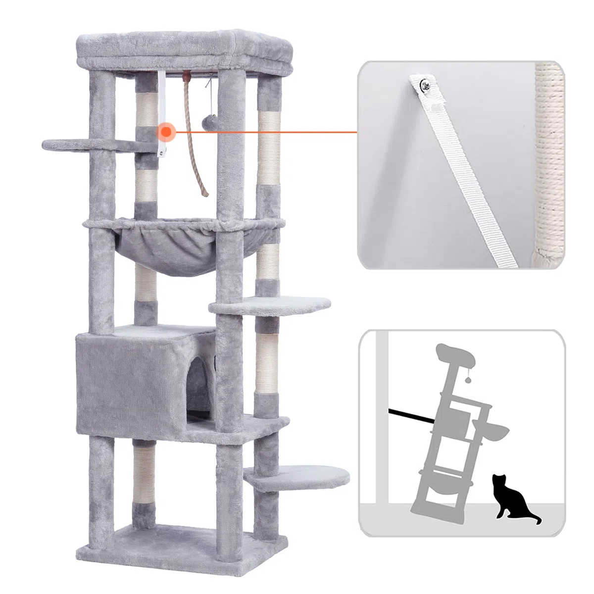 Heybly Arbol para Gatos, Altura 153 cm,con 7 Postes Rascadores, Plataformas, Cesta, Cueva, Hamaca, Pompones, Adultos Torre de Gatos Casita Juego para Mascota Gris Claro HCT050W