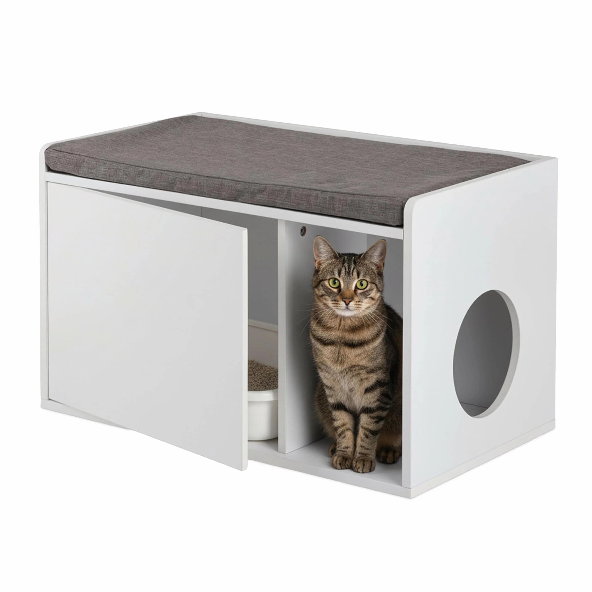 Relaxdays Mueble Arenero Gatos Asiento, 2 en 1, Cómoda Felinos con Banco, 45,5 x 75 x 43 cm, Baño Gatitos, Blanco y Gris