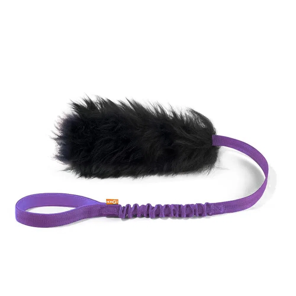 HOWGO Juguete de cuerda para perro, juguete elástico para perro, 100% piel de oveja, juguete de tirones con olor a oveja para todas las razas (morado, grande)
