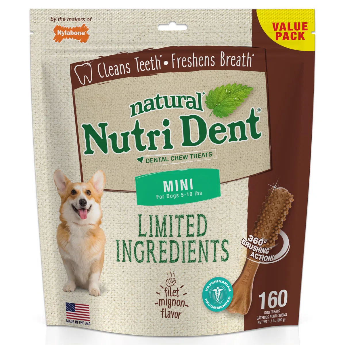 Nylabone Nutri Dent - Masticables dentales para Perros, Limpieza Natural de Dientes y ambientador para el Aliento, golosinas dentales para Perros, Sabor a Filete Mignon, Mini (160 Unidades)