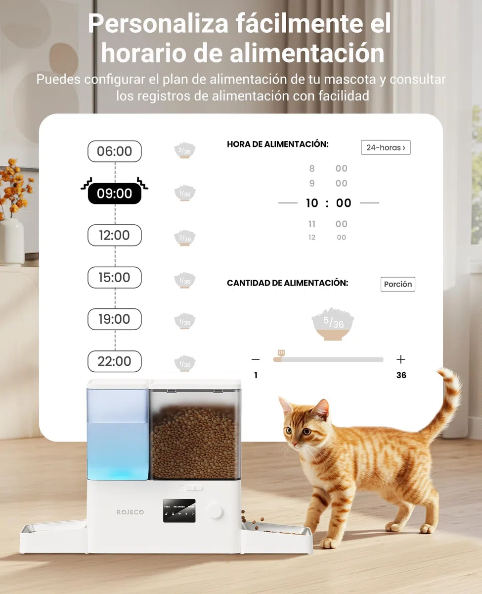 ROJECO Comedero automático para gatos y fuentes 2 en 1 – 8,5 L de capacidad total (5 L comedero + fuente de 3,5 litros), 1-36 porciones, 2 cuencos de acero inoxidable, sin BPA, para gatos y mascotas