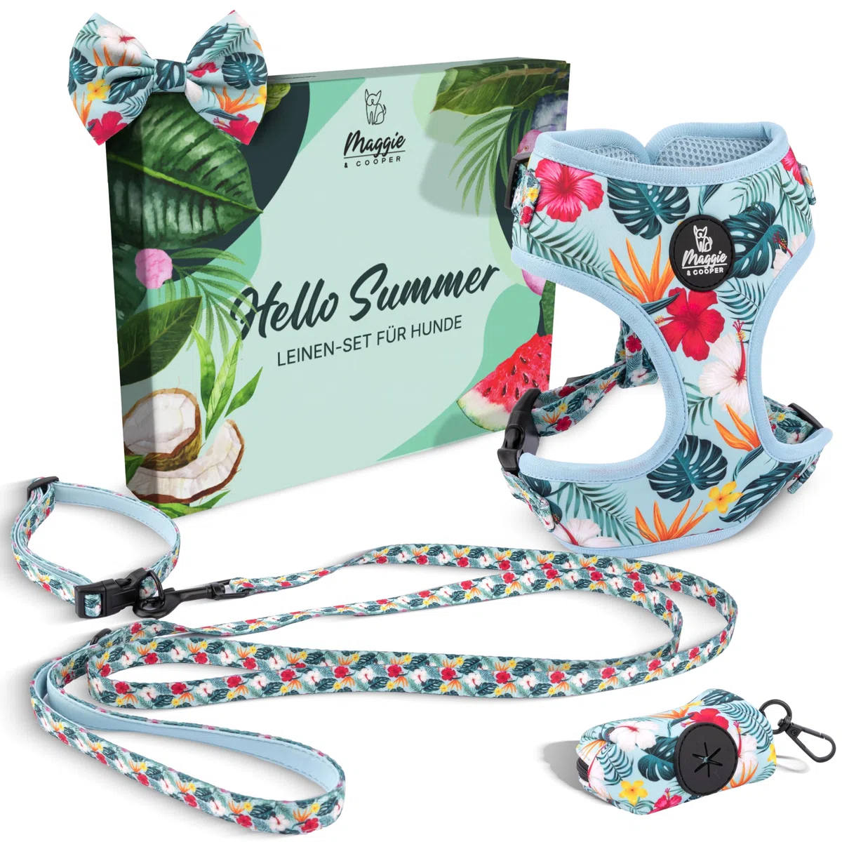 MAGGIE & COOPER Juego de correas para perros – Diseño Hawaii – 5 piezas: collar, arnés, correa, lazo, dispensador de bolsas de excrementos – 4 tamaños – Caja de regalo (L)