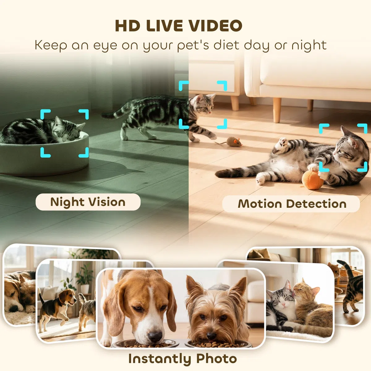 Comedero automático para Gatos PawHut con cámara HD para 2 Gatos, dispensador Inteligente de Comida para Mascotas de 6 litros con WiFi 2.4G/5G y Control Mediante aplicación, comedero programable con