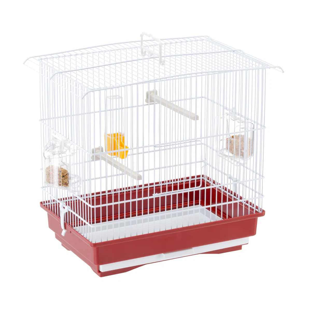 Ferplast Gabbia per canarini e piccoli uccelli esotici GIUSY Gabbietta rettangolare per uccellini, Completa di accessori e mangiatoie girevoli, robusto metallo verniciato Bianco e fondo in plastica Rosso, 39 x 26 x h 37 cm