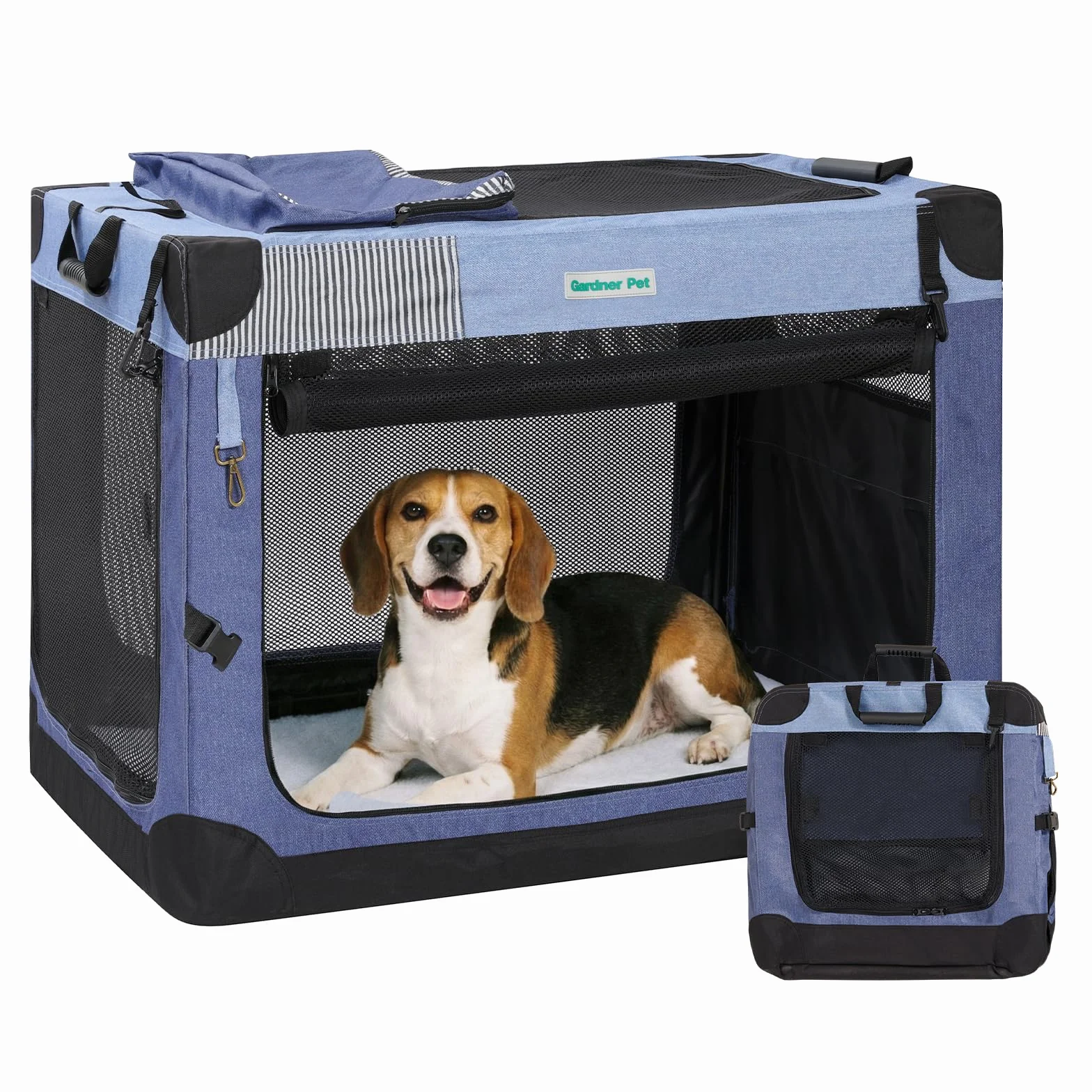 Gardner Pet Transportín Perro Grande,M-76x53x53cm-Azul | Plegable, 3 Puertas, Ventanas de Malla Resistente, Bolsa de Almacenamiento, Para Perros y Gatos