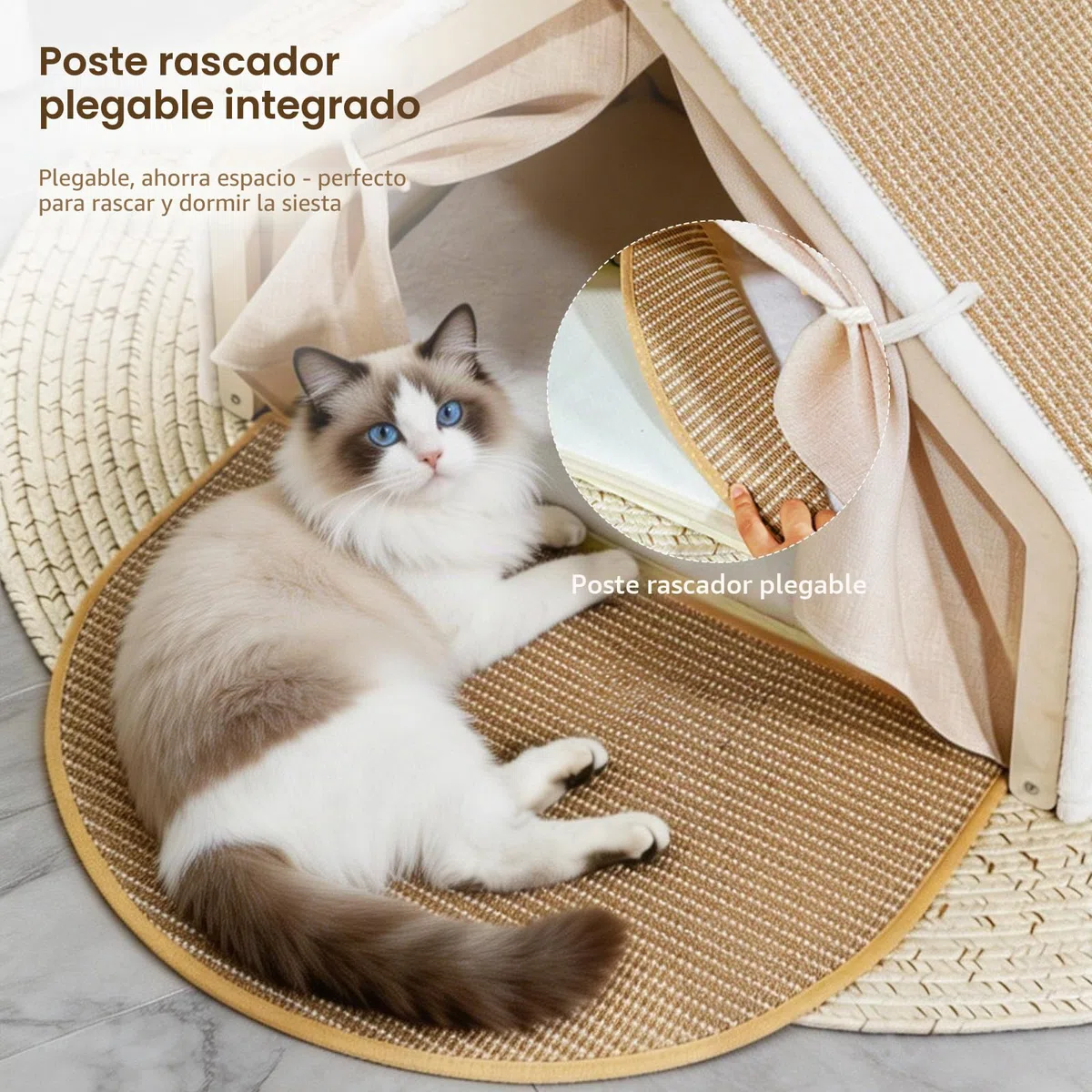 Casa para Gatos de Interior con Rascador de Sisal, Cama Gatos 2 en 1 | con Estructura de Madera, Cueva para Gatos con Cojín y Alfombrilla Rascadora, Tienda de Campaña para Gatitos