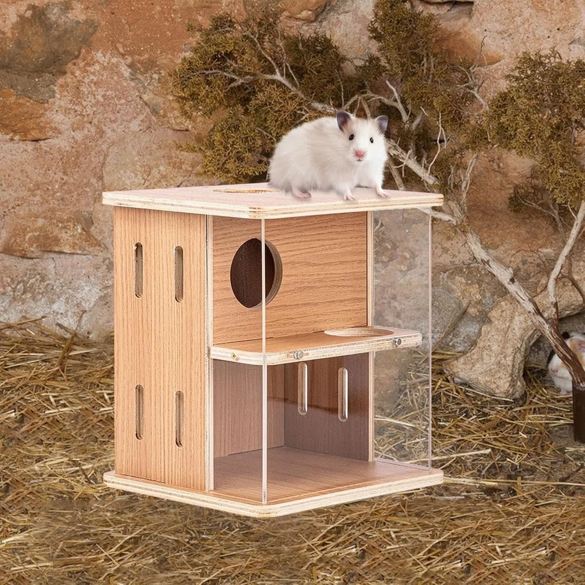 Casita de Madera para Hámster, Escondite 2 Plantas con Refugio y Accesorios Divertidos