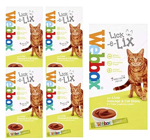 Webbox Yogur Lick-E-Lix con salchicha hígado y hierba de gato 5 bolsas de 15 g (paquete de 6)