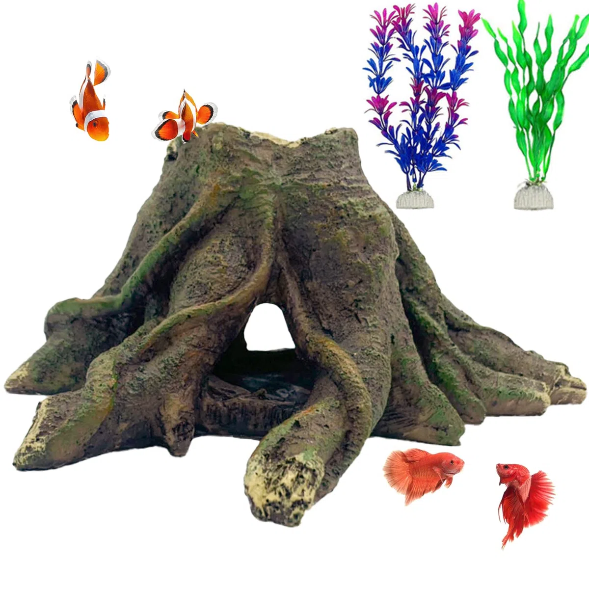 Decoración de tocón de árbol de acuario, tronco de resina de tronco, tronco hueco, tronco de madera flotante, casa de pecera, adorno de paisajismo, agujeros para escondite para agujeros de peces