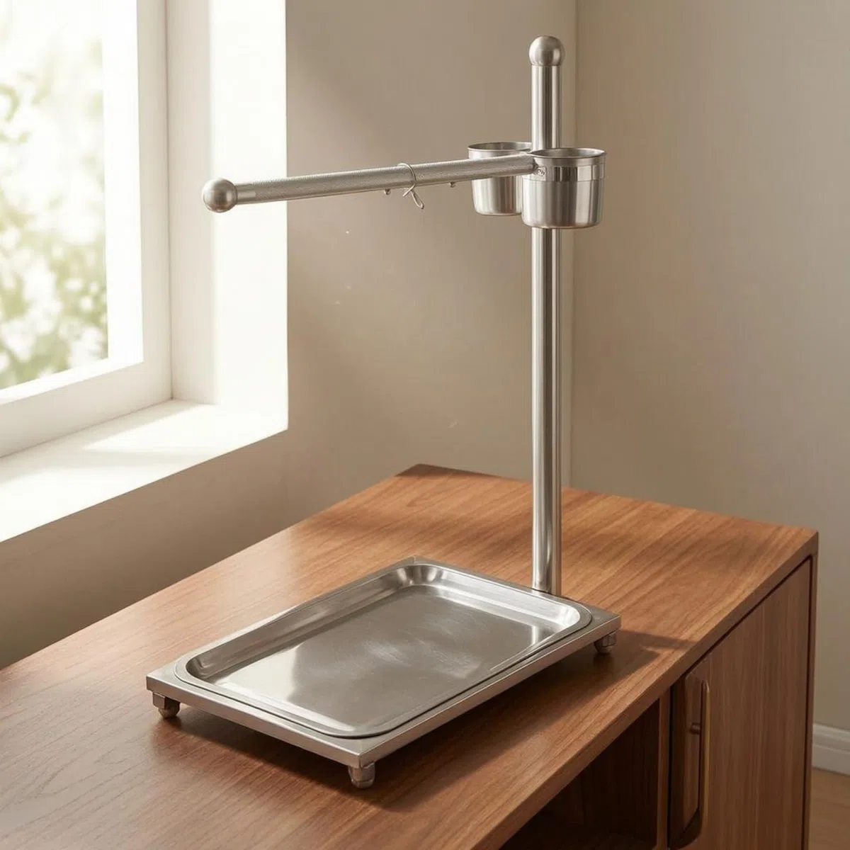 Soporte en Diseño en 7 con Recipientes Percha Acero Estructura Desmontable Artículo para Aves, Mediano