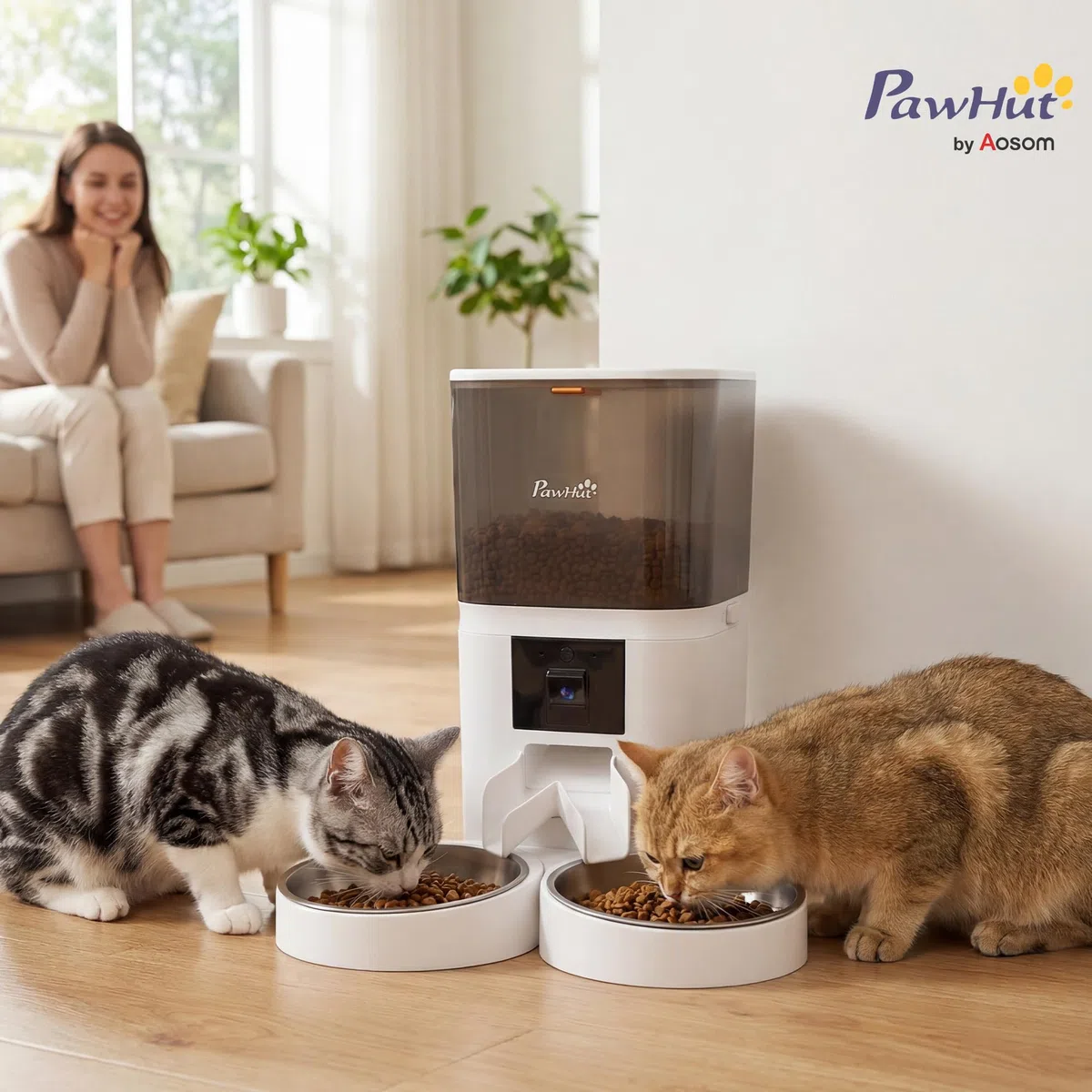 Comedero automático para Gatos PawHut con cámara HD para 2 Gatos, dispensador Inteligente de Comida para Mascotas de 6 litros con WiFi 2.4G/5G y Control Mediante aplicación, comedero programable con