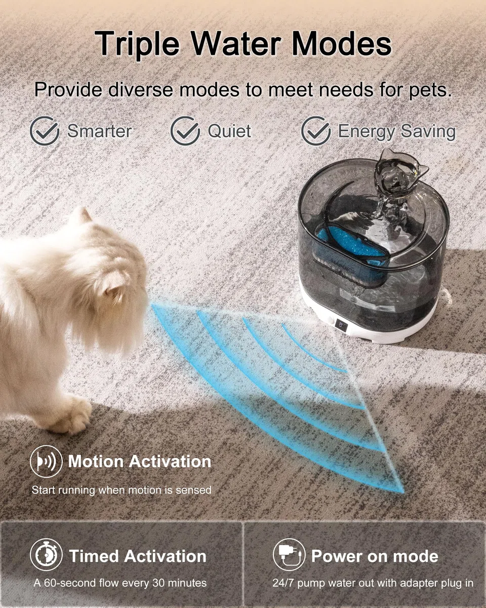 HAPUP Fuente de agua para Gatos sin Cable, 2,2L - Bebedero Automatico con Sensor de Movimiento, Pilas de 5000 mAh, Bomba Silenciosa y Filtro