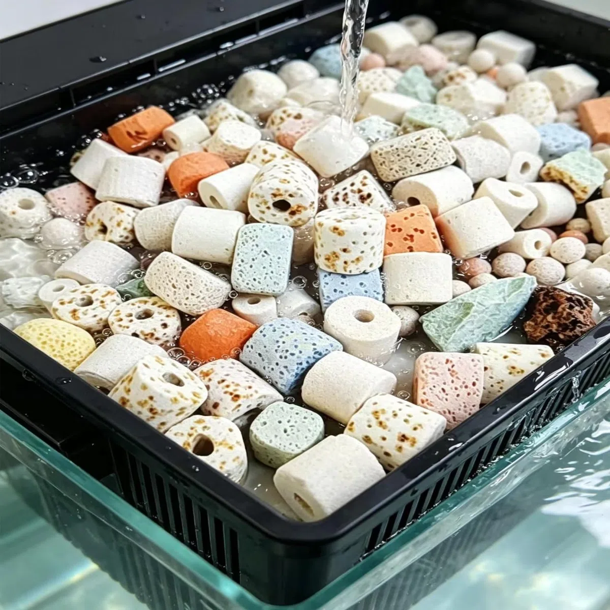 Juego de filtros de acuario 12 en 1, mezcla con anillos de cerámica, bolas biológicas y medios porosos, 5.5 lbs / 2500 g con bolsa de malla para peceras de agua dulce/salada, estanques y