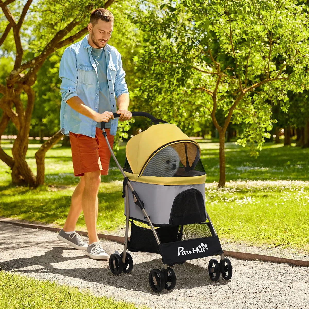 Carrito para perros PawHut, carrito para perros 2 en 1, bolsa de transporte, carrito plegable para perros con cojín, carrito para perros pequeños, gatos, carrito para gatos con 4 ruedas, ventana de