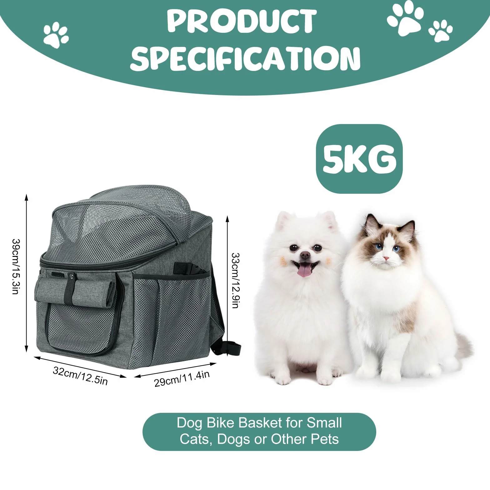 Cesta de bicicleta para perros, bolsa de bicicleta para mascotas con adaptador de manillar, desmontable, tejido de malla transpirable, correas ajustables, cesta plegable de bicicleta para mascotas