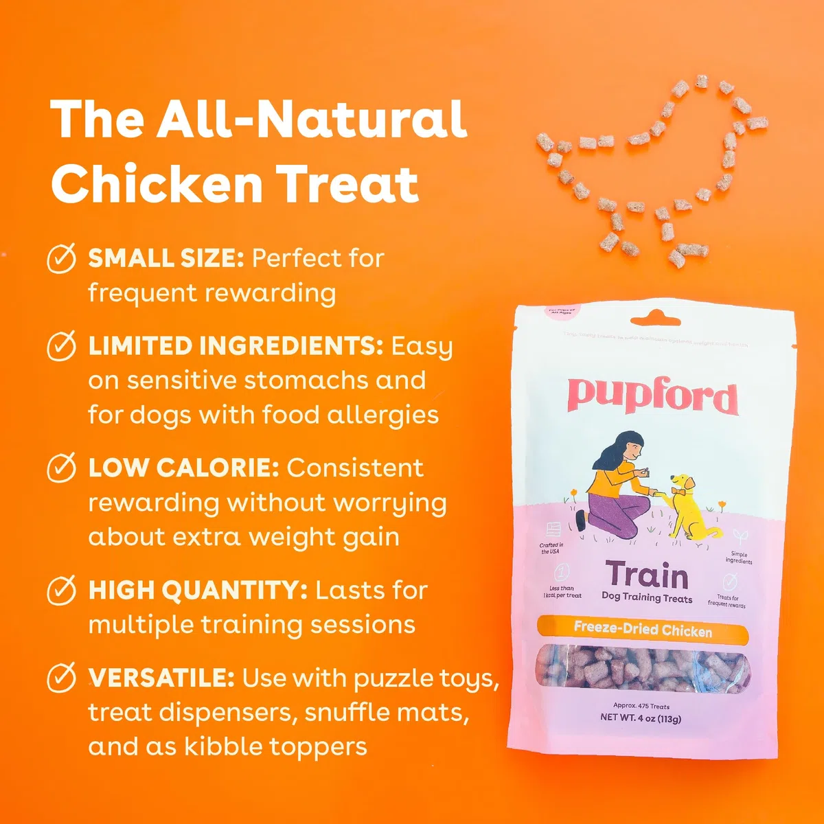 Pupford premios liofilizados caninos, 1400+, 3 x 113 g (339 g), sabor pollo