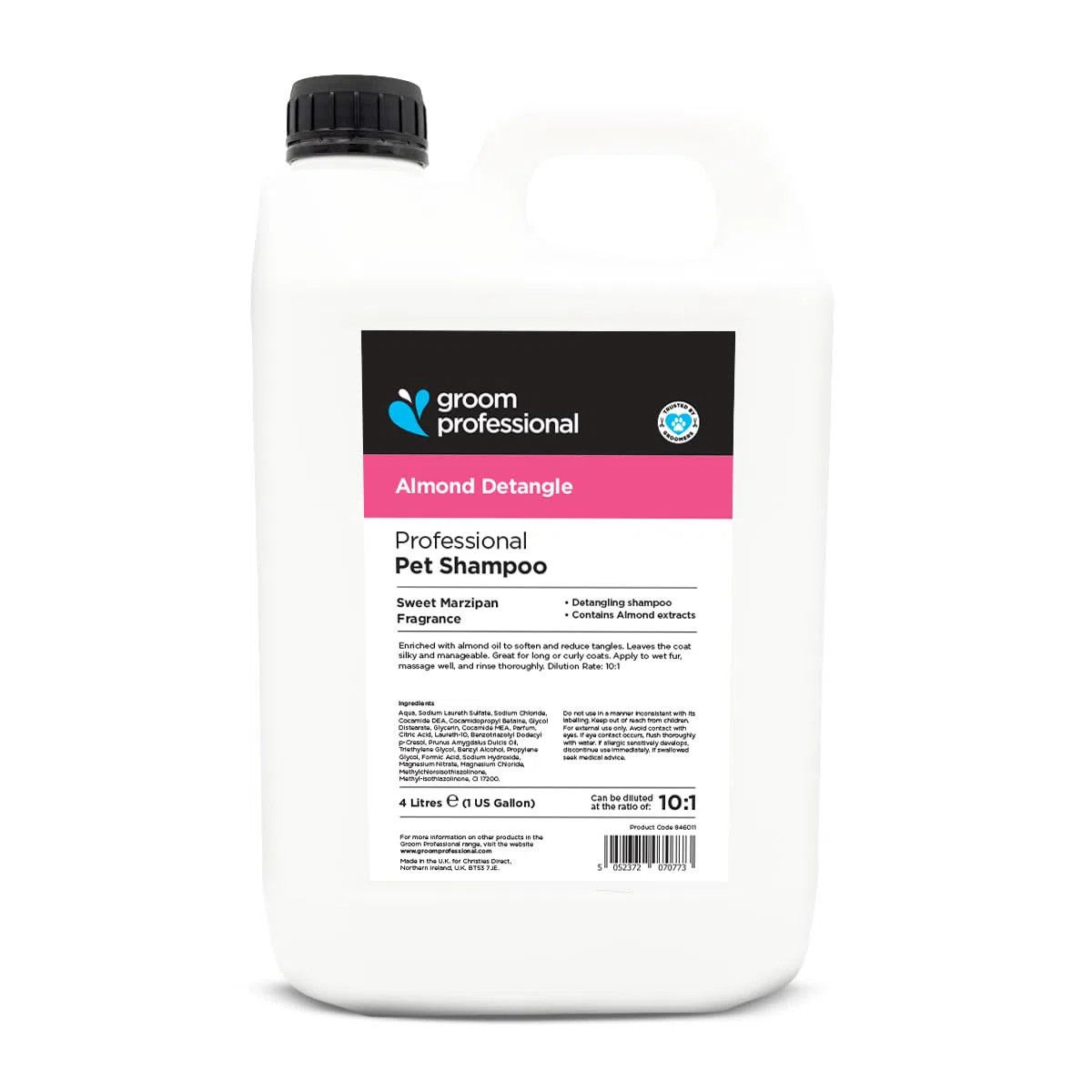 Groom Professional Almond De-Tangling Champú para perros (4 L) – Tamaño de salón 10:1 concentrado, cuidado suave con aceite de almendra, elimina nudos, desodorizante, pelo brillante, calidad del Reino