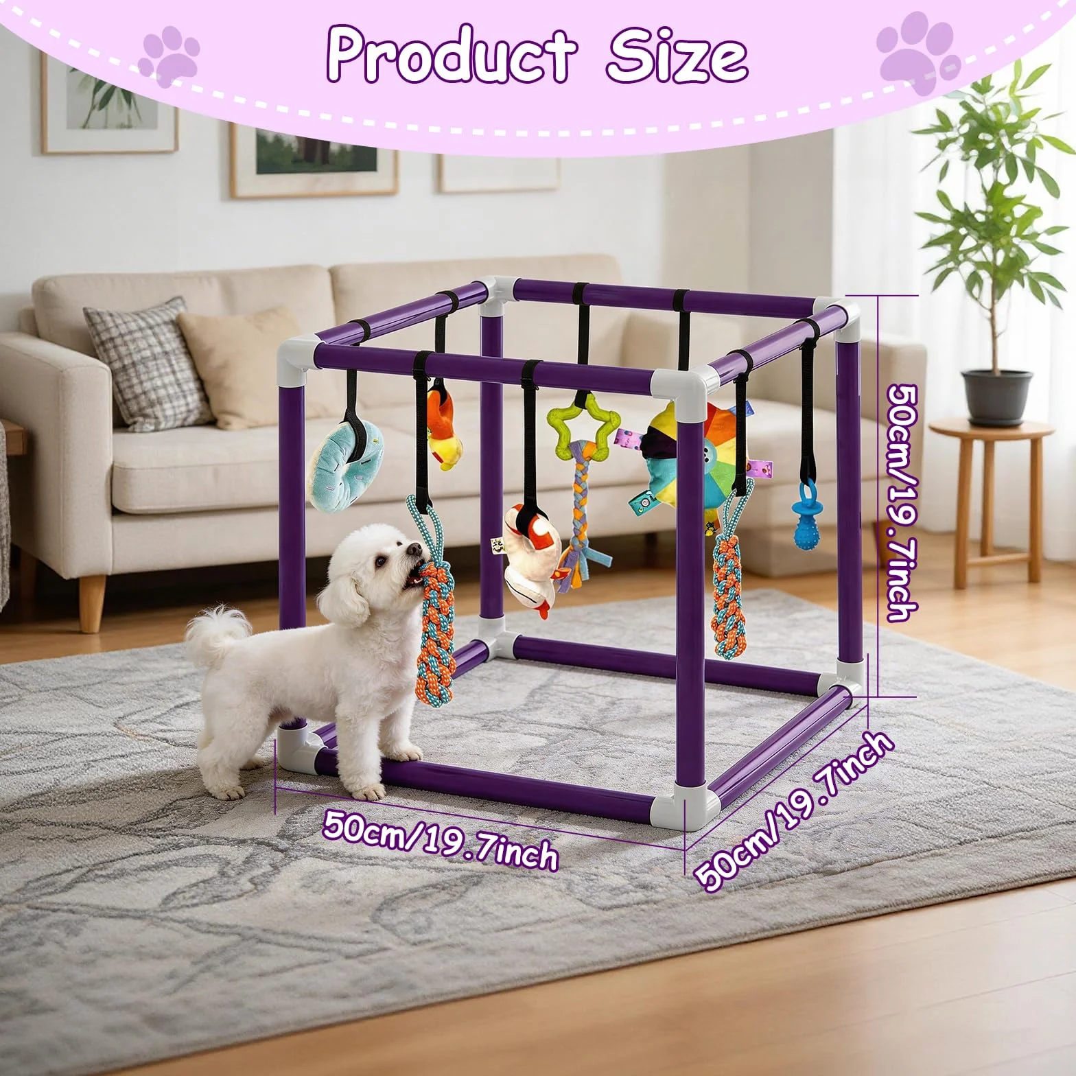 Estudio de juegos para cachorros con 8 juguetes colgantes, marco de PVC morado, centro de actividades para perros pequeños, estudio de juegos para cachorros para perros pequeños, paraíso con