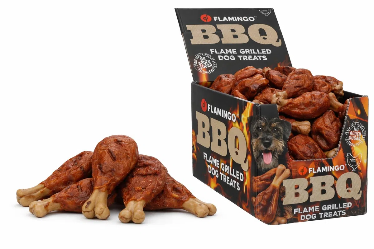 Snacks para Perros - Flamingo BBQ Costilla con Pollo S - 8 x 5 x 1,5 cm - 2 kg Display - Rica en proteínas - sin Gluten - sin Cereales - sin azúcares añadidos