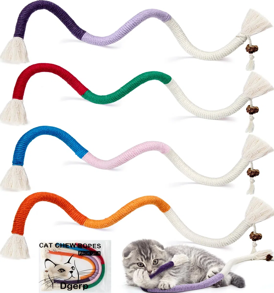 Cuerdas masticables para gatos, 4 piezas, juguetes para gatos de interior con hierba gatera natural recargable, juguetes masticables de limpieza segura de dientes, juguetes interactivos para