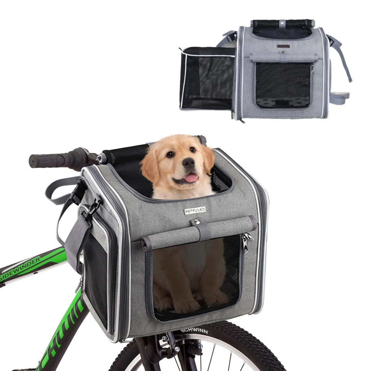 Cesta de perro para bicicleta, desmontable y expandible con 4 ventanas de malla transpirable, cesta de bicicleta para mascotas con correa de hombro ajustable para gatos y perros pequeños