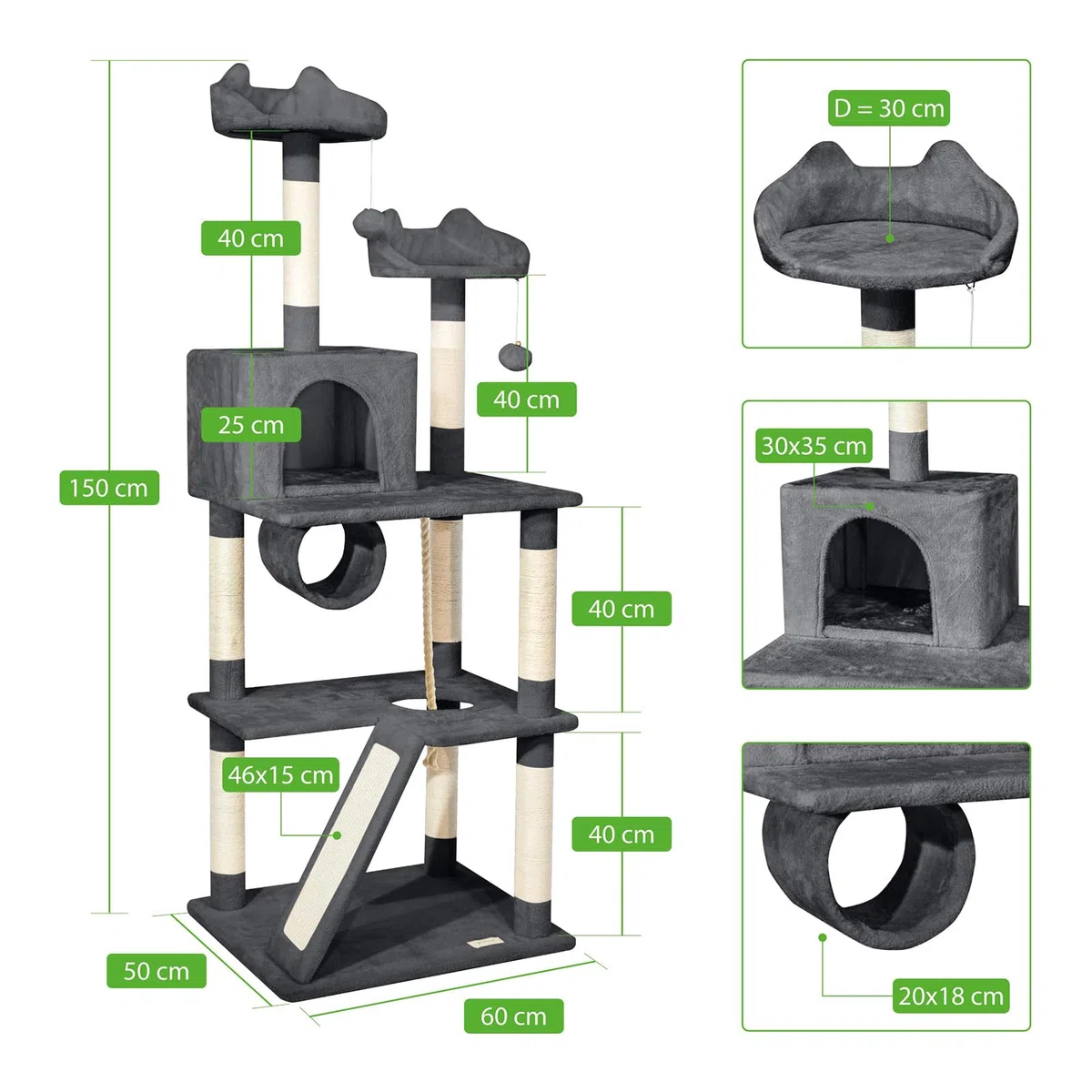 Árbol para Gatos XL, rascador para Gatos, Plataformas, caseta, Hamaca, Pelotas, columnas de sisal, Felpa, Altura 150 cm, Gris Oscuro, garantía de 5 años