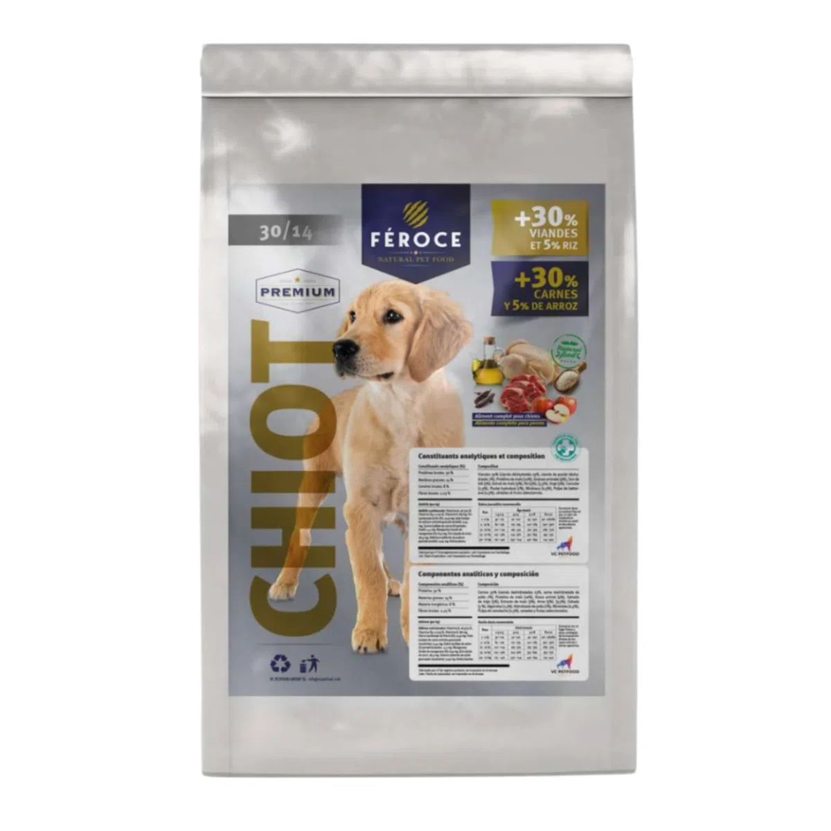 Feroz Croquetas Premium Cachorro, 30% Carne y 5% Arroz, Proteína 30%, Bolsa de 15 kg