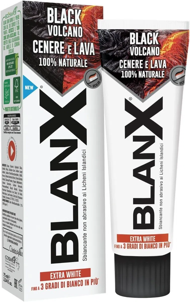 BlanX Dentifricio Black Volcano 12 x 75 ml, pasta de dientes con cenizas y cenizas isleñas y volcánicas, apto para veganos y antibacterianas + Polpa italiana Gourmet 400 g