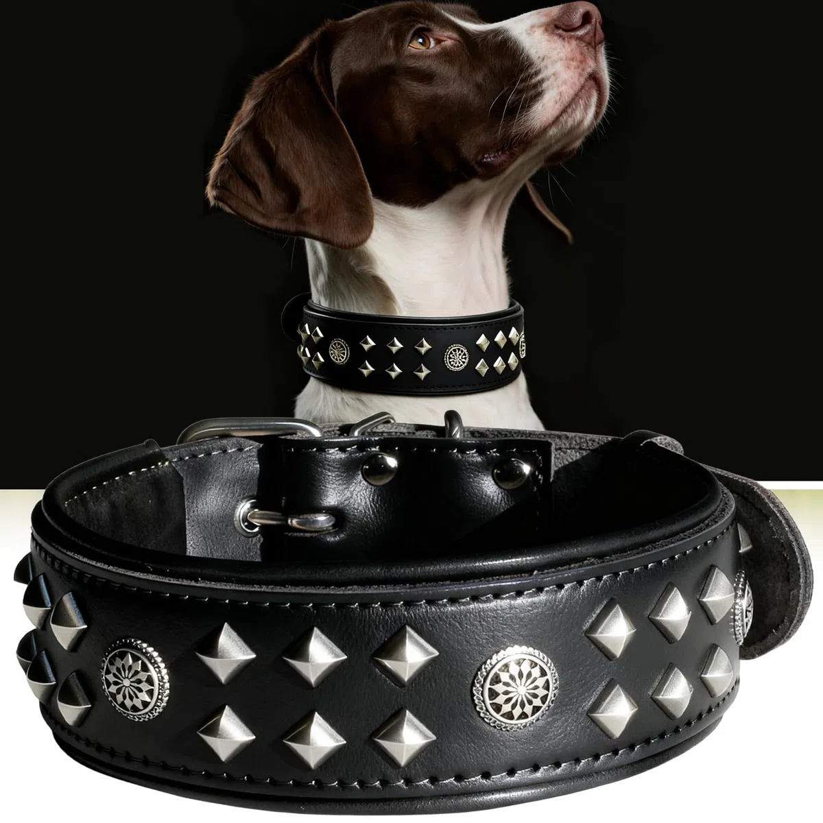 EliteGuard Collar de Perro de Cuero de 5,6 cm de ancho, hecho a mano con remaches y hebilla de acero inoxidable, para uso diario en perros grandes, color negro, 57,5-67,5 cm
