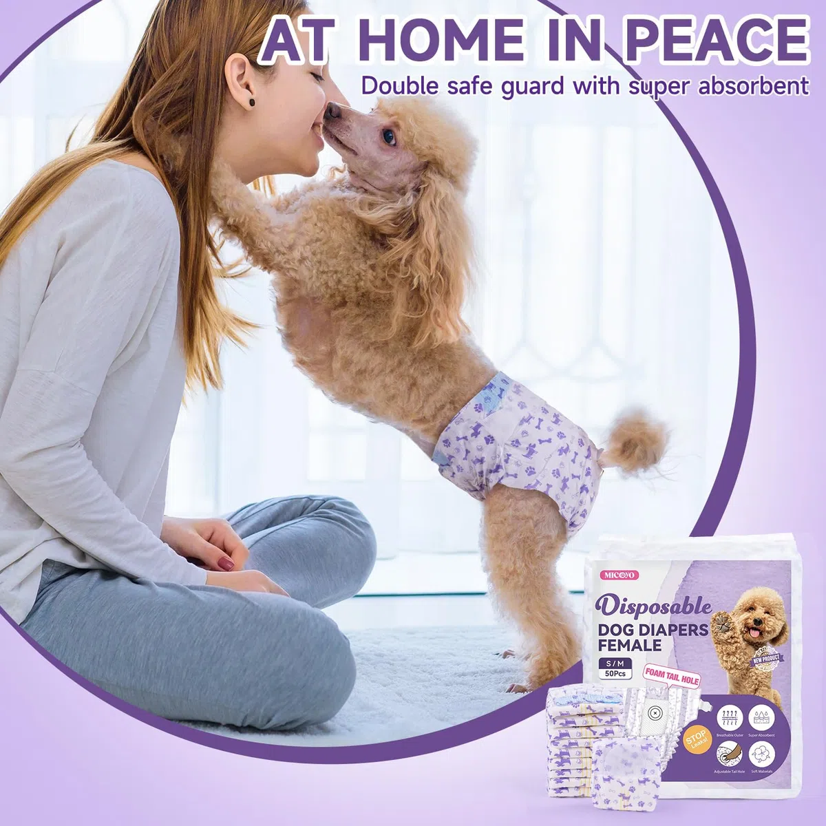 MICOOYO Pañales para perros femeninos, 40 unidades, pantalones desechables para perros con agujero trasero ajustable, pañales súper absorbentes para hembras y gatos en temporada de calor para
