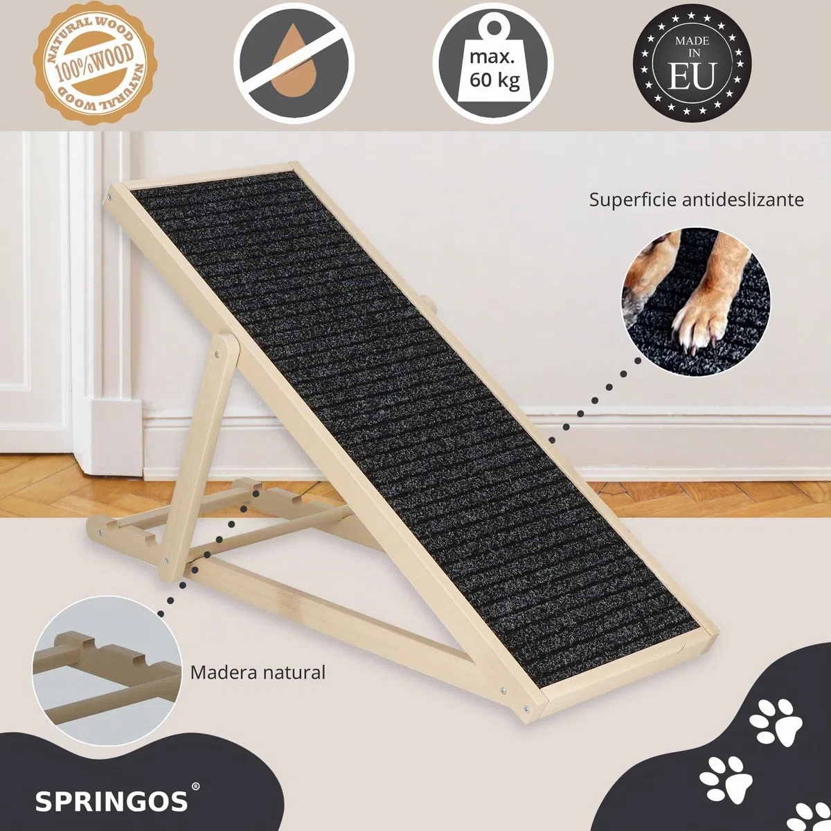 SPRINGOS Rampa para Perros Plataforma Ajustable de 42,5-59 cm para Cama o sofá Escalón Plegable de Madera para Perros Rampa para Mascotas con Estera Antideslizante