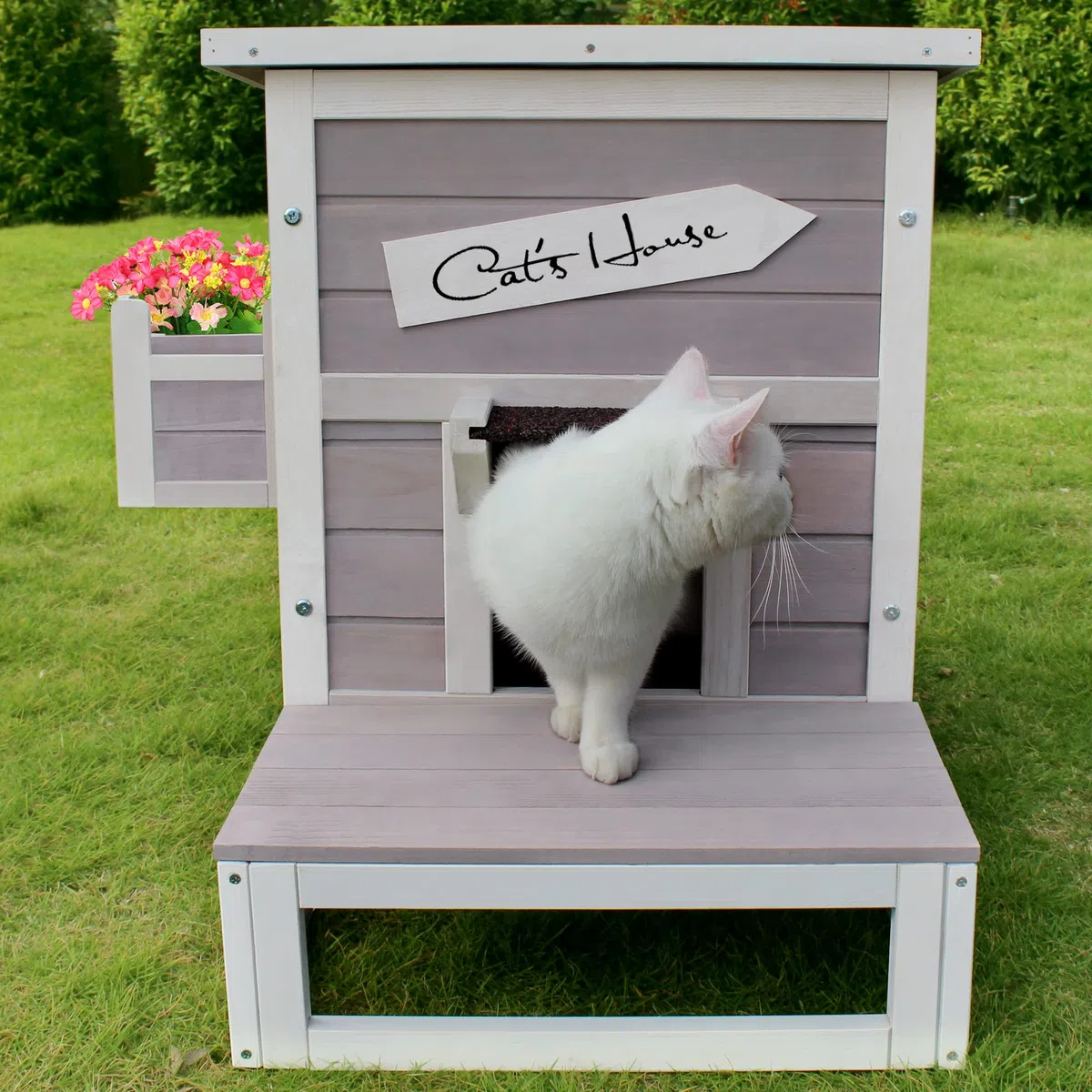 Casa para Gatos Exterior Madera con Puerta de Escape, Casa de Gatito Resistente a La Intemperie, Cabaña Mascotas Caseta Pequeña de Gatos con Ventana y Puerta