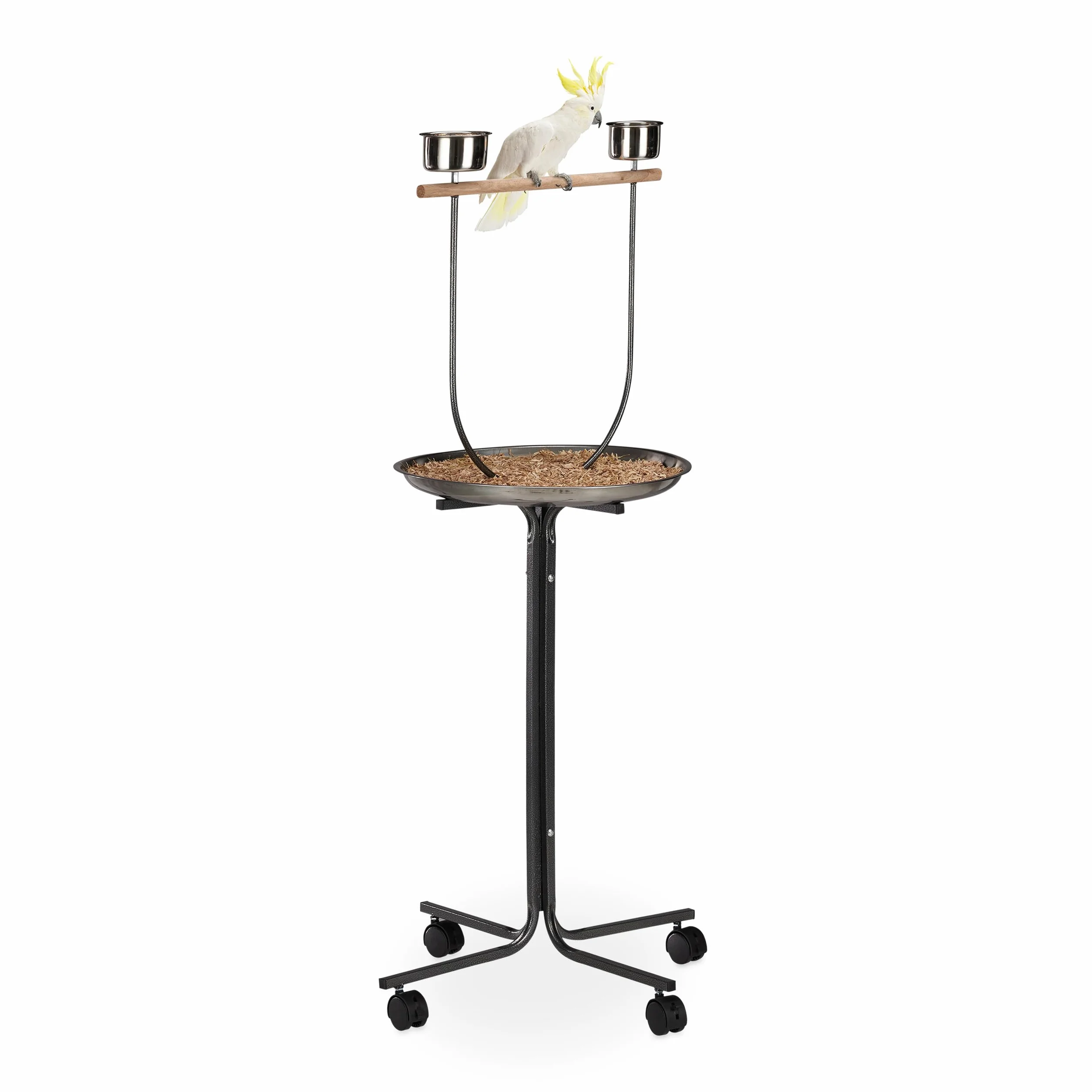 Relaxdays Percha XL para Loros, Barra de Madera, Dos comederos, Portátil, 130 x 60 x 60 cm, Plateado