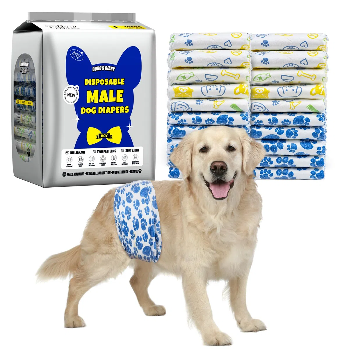 Dono pañales Perro Macho, 60 pcs, indicador de Humedad, pañales para Perros para la incontinencia, Super Absorbente, Impermeable, Adecuado para la excitación urinaria, Calor, XS, S, M, L