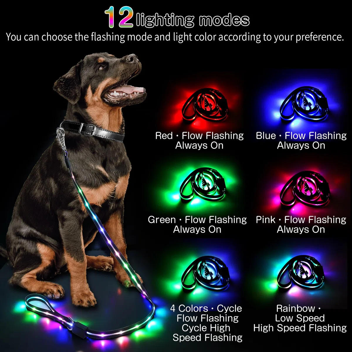 Correa LED para perro: 12 modos de iluminación, recargable, correa de perro iluminada de 4 pies para caminar por la noche, seguridad que brilla en la oscuridad, correa de silicona para perros