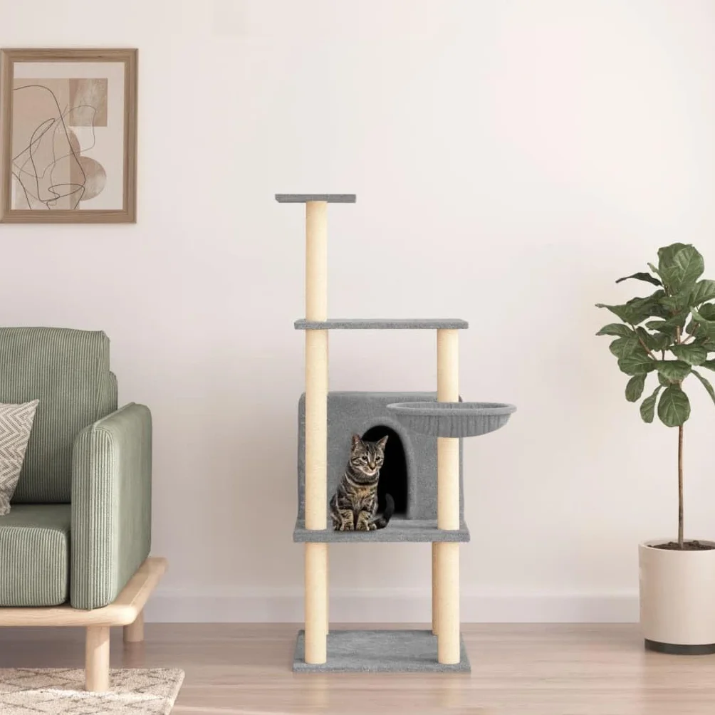 ShGaxin Rascador para Gatos con Postes de sisal Gris Claro 132 cm, Rascador Gato, Arbol Rascador para Gatos, Gatos Accesorios, Torre Gatos, Arranhador para Gatos, Casa para Gatos