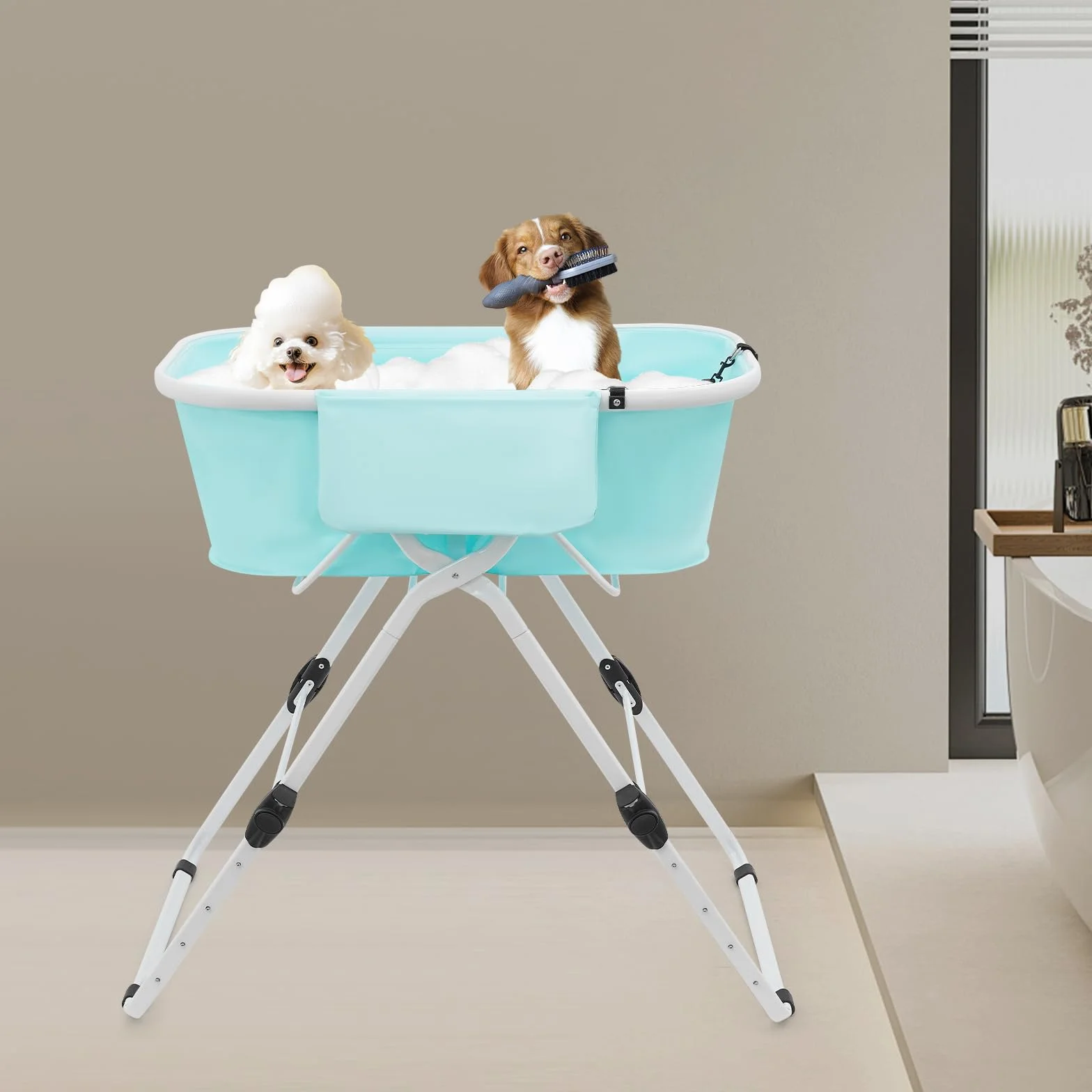 Bañera para Perros MEELRYD, Bañera Elevada para Mascotas, Ajuste de Altura de 70-100cm, Bañera Plegable para Perros con Tubo de Drenaje, para Perros y Gatos Pequeños a Medianos, Máx. hasta 68KG