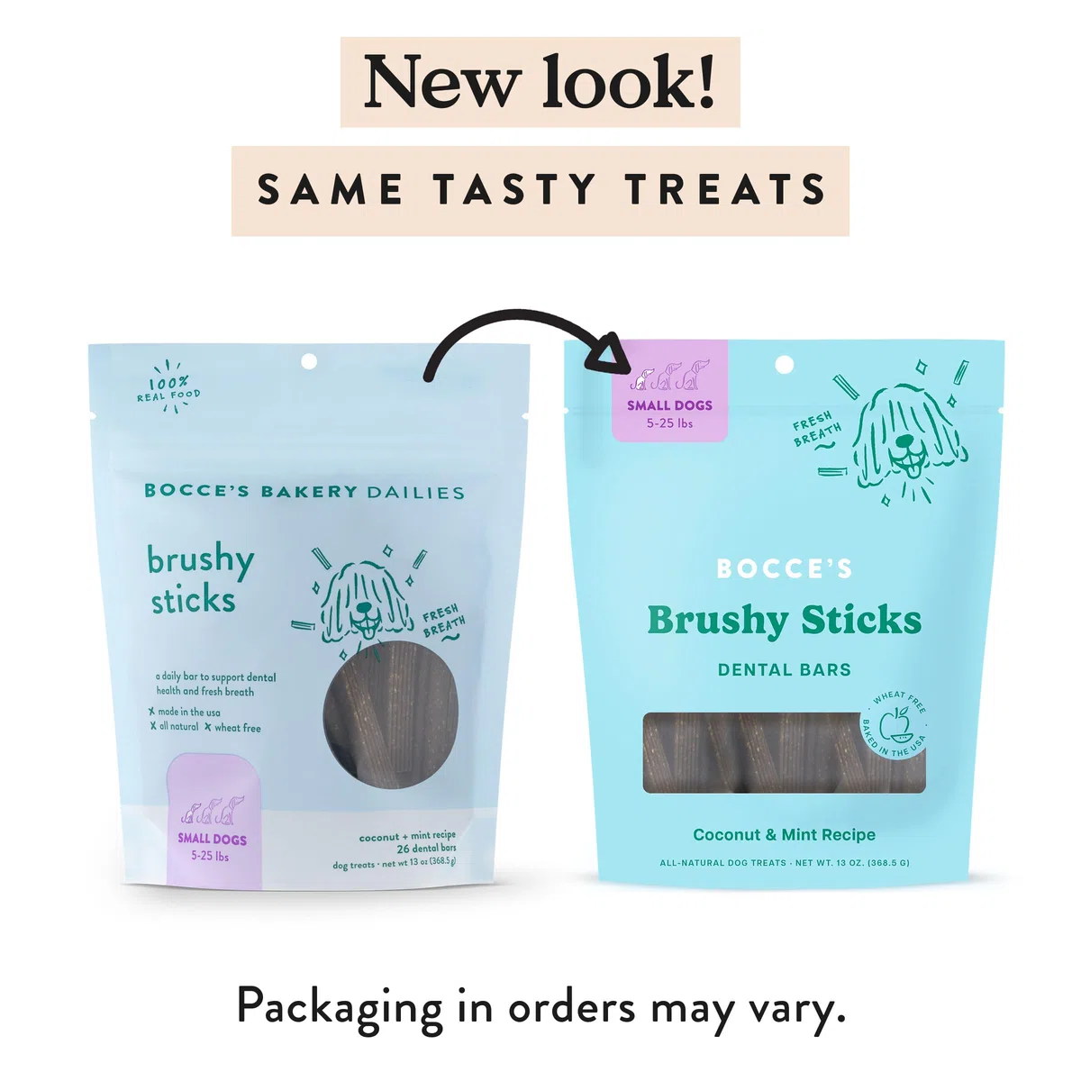 Bocce’s Bakery Dailies Brushy Sticks to Support Oral Health & Fresh Breath, Wheat-Free Dental Bars for Dogs, Made with Real Ingredients, Baked in the USA, All-Natural Coconut & Mint Recipe, Small Dogs