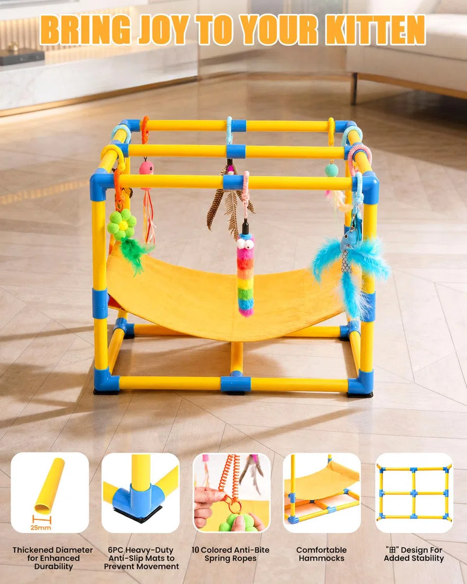 Gimnasio para Gatos con 10 Juguetes Interactivos Colgantes y Hamaca Cómoda | Centro de Actividades para Gatos de Interior, Estructura de PVC, 10 Cuerdas de Resorte, Parque de Juegos para Gatitos y Gatos