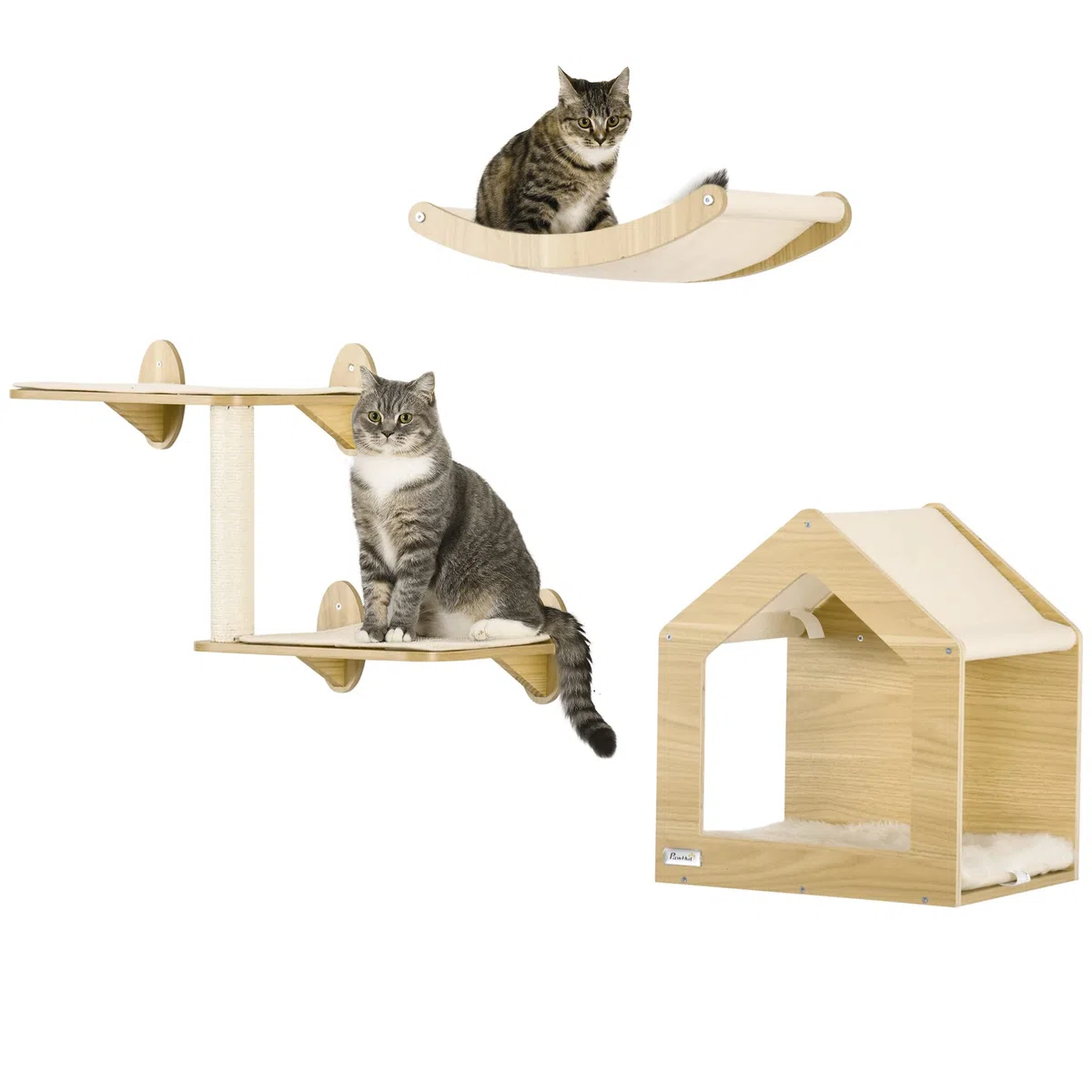 PawHut Estantes para Gatos de Pared 3 Piezas con Caseta y Hamaca Roble | Juego de Estantes Escalada para Gatos, Plataformas, Poste de Sisal